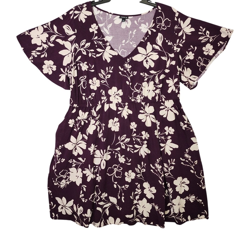 Torrid Floral Mini Dress Womens 2 Purple Flutter Sleeve Empire Waist Boho Casual